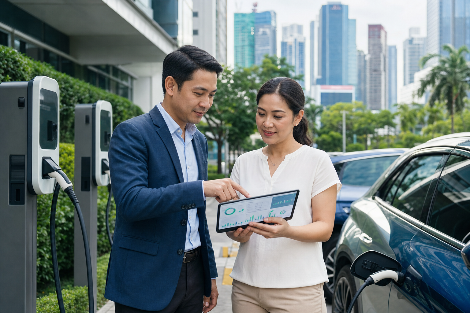 Facilities manager reviewing EV charging and energy management dashboard for office parking