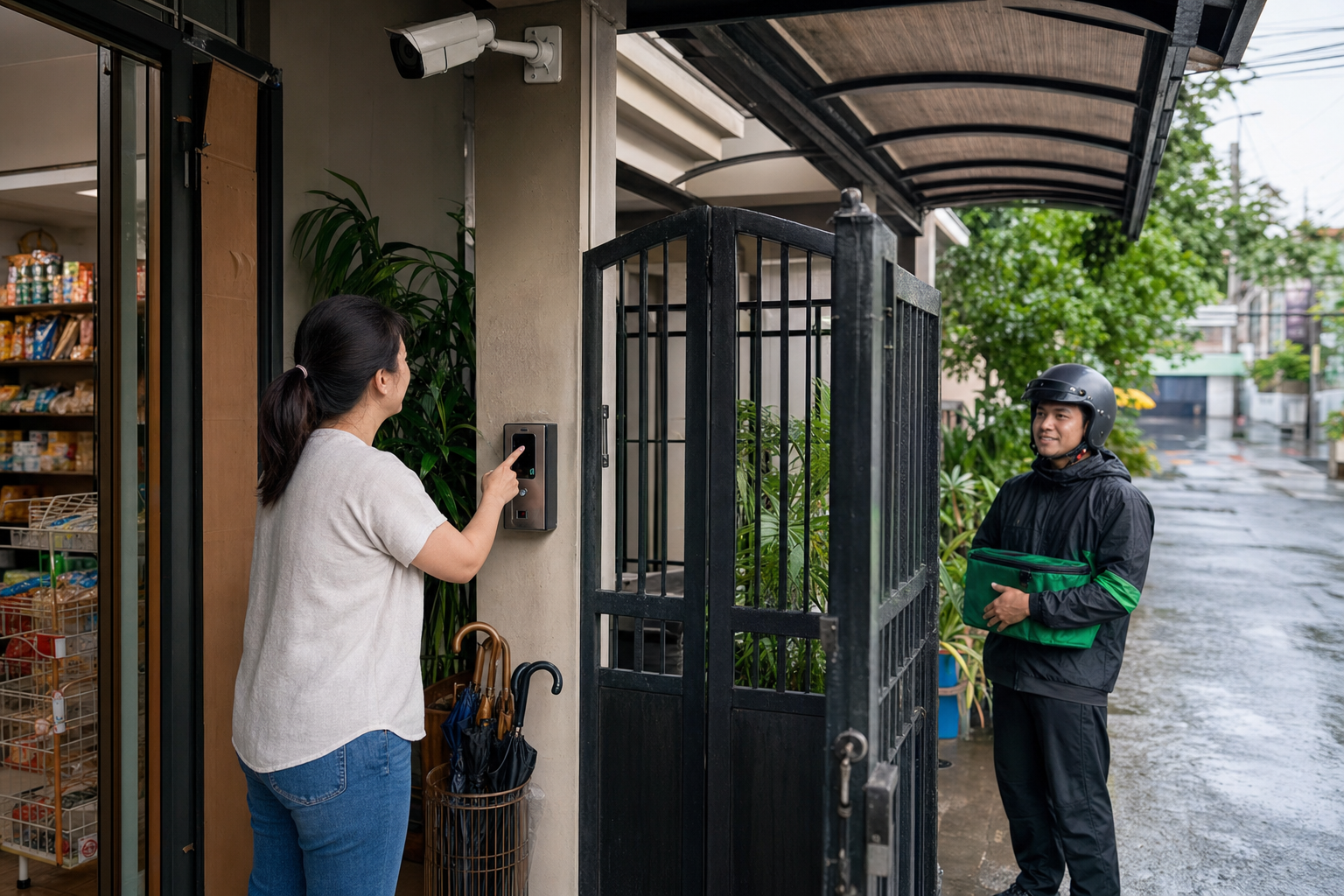 Filipino small business owner using smart gate access with CCTV while receiving a delivery in Metro Manila