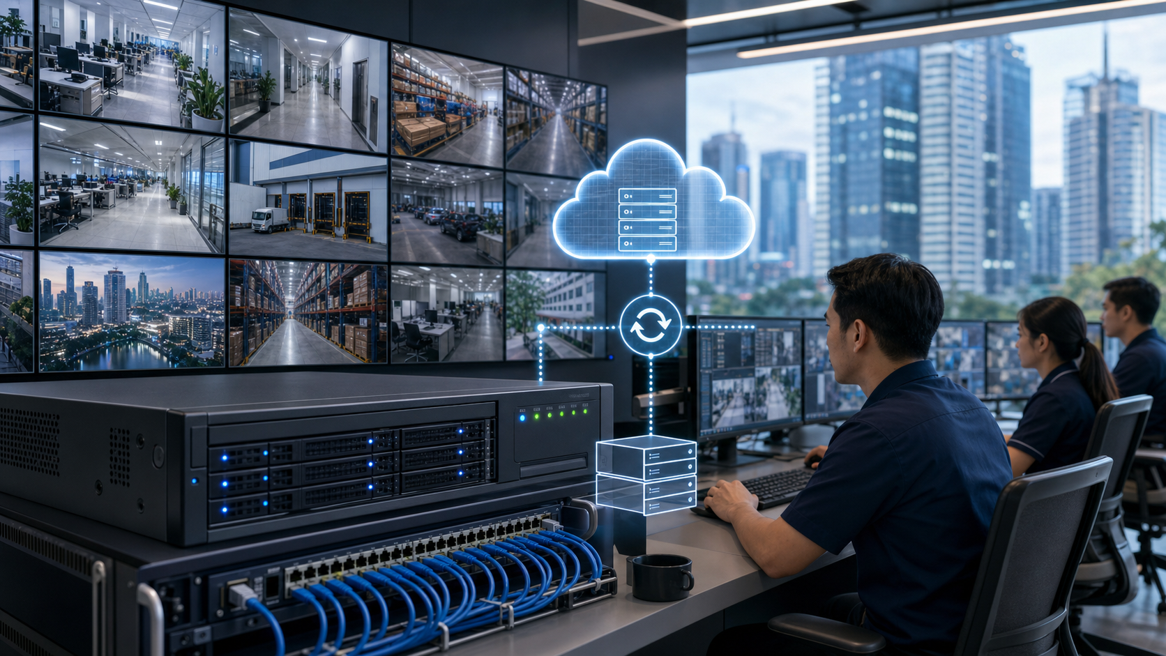 Hybrid cloud CCTV storage illustration showing local NVR and cloud backup for business continuity