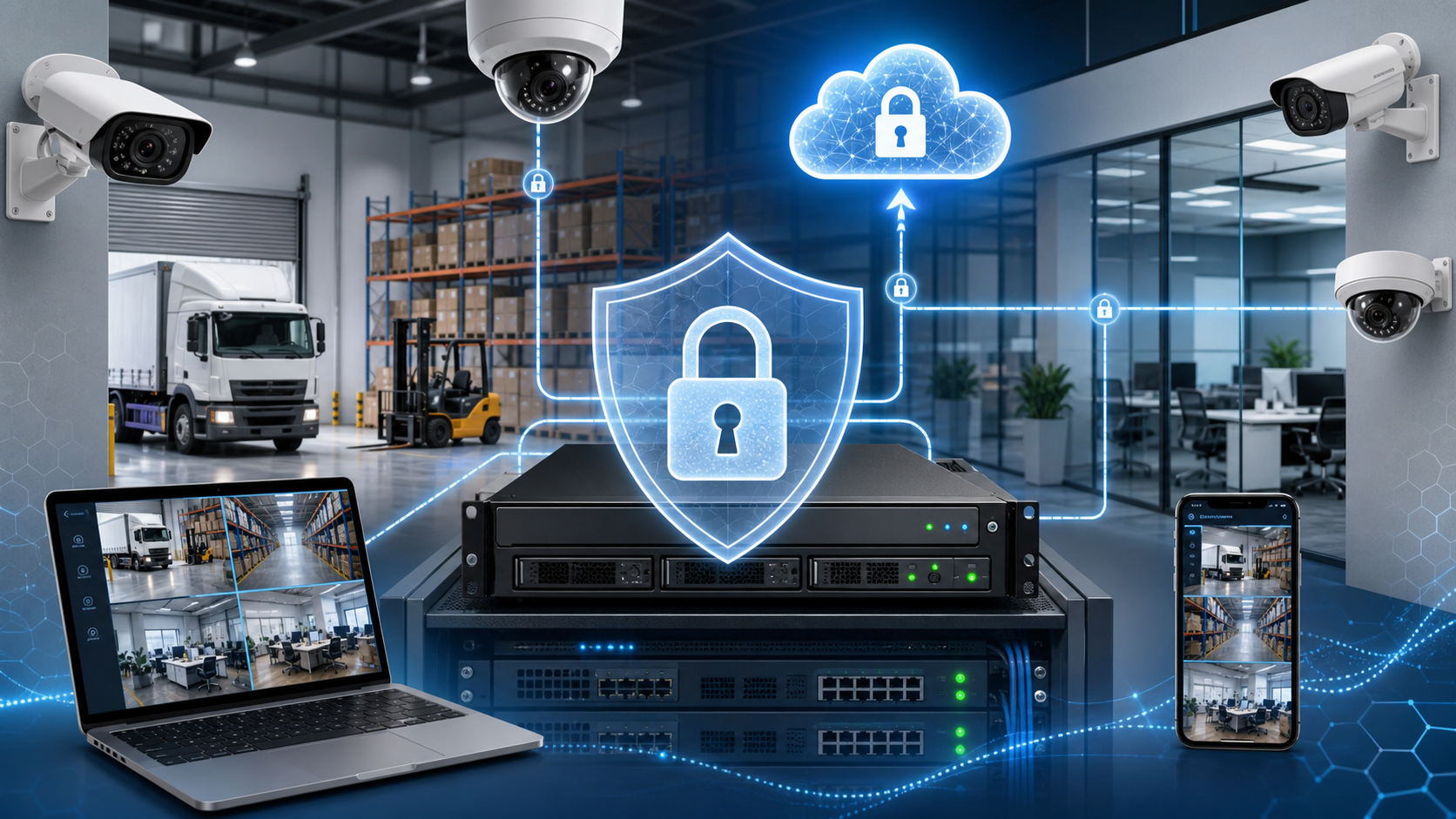 Hybrid CCTV architecture illustration showing cameras, local recorder, and secure cloud backup