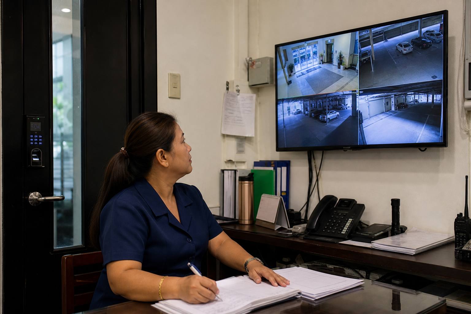 Filipino property manager reviewing CCTV feeds and access control for a small office building.
