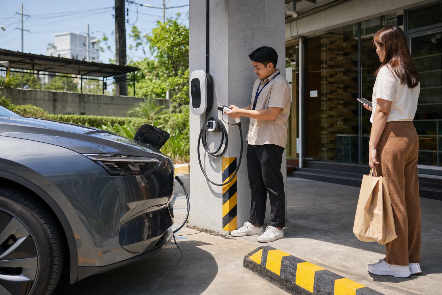 EV charging bay at a Philippine small office or retail property with staff checking safe cable use.