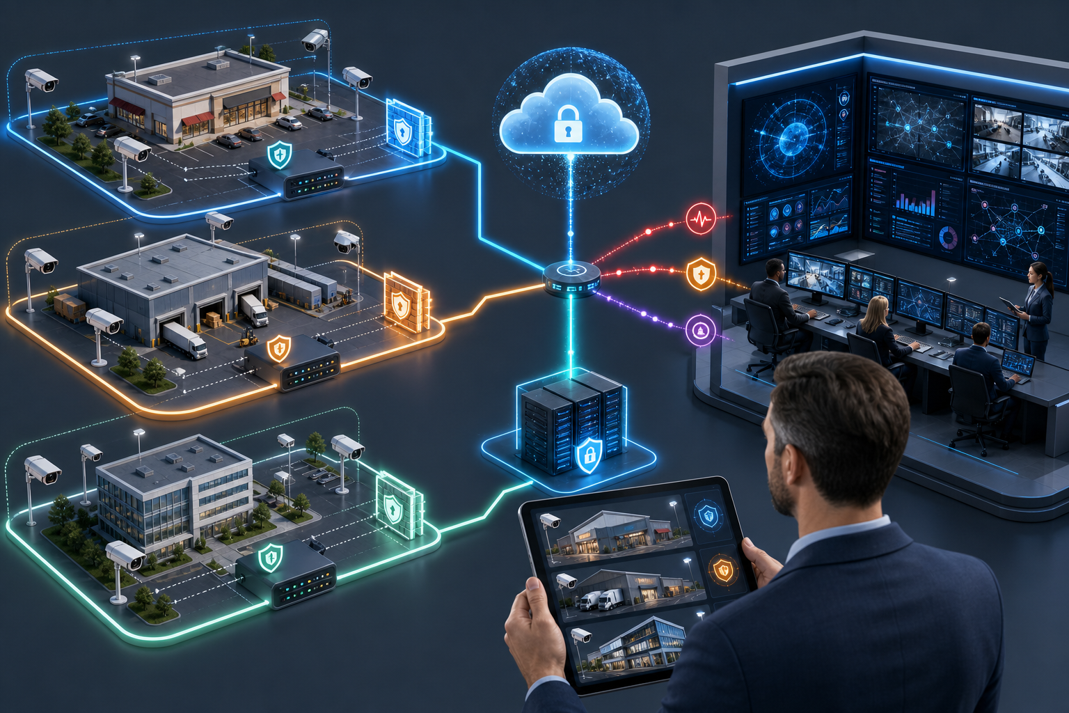 Secure multi-site CCTV network with segmented IP cameras, encrypted storage, and remote monitoring alerts