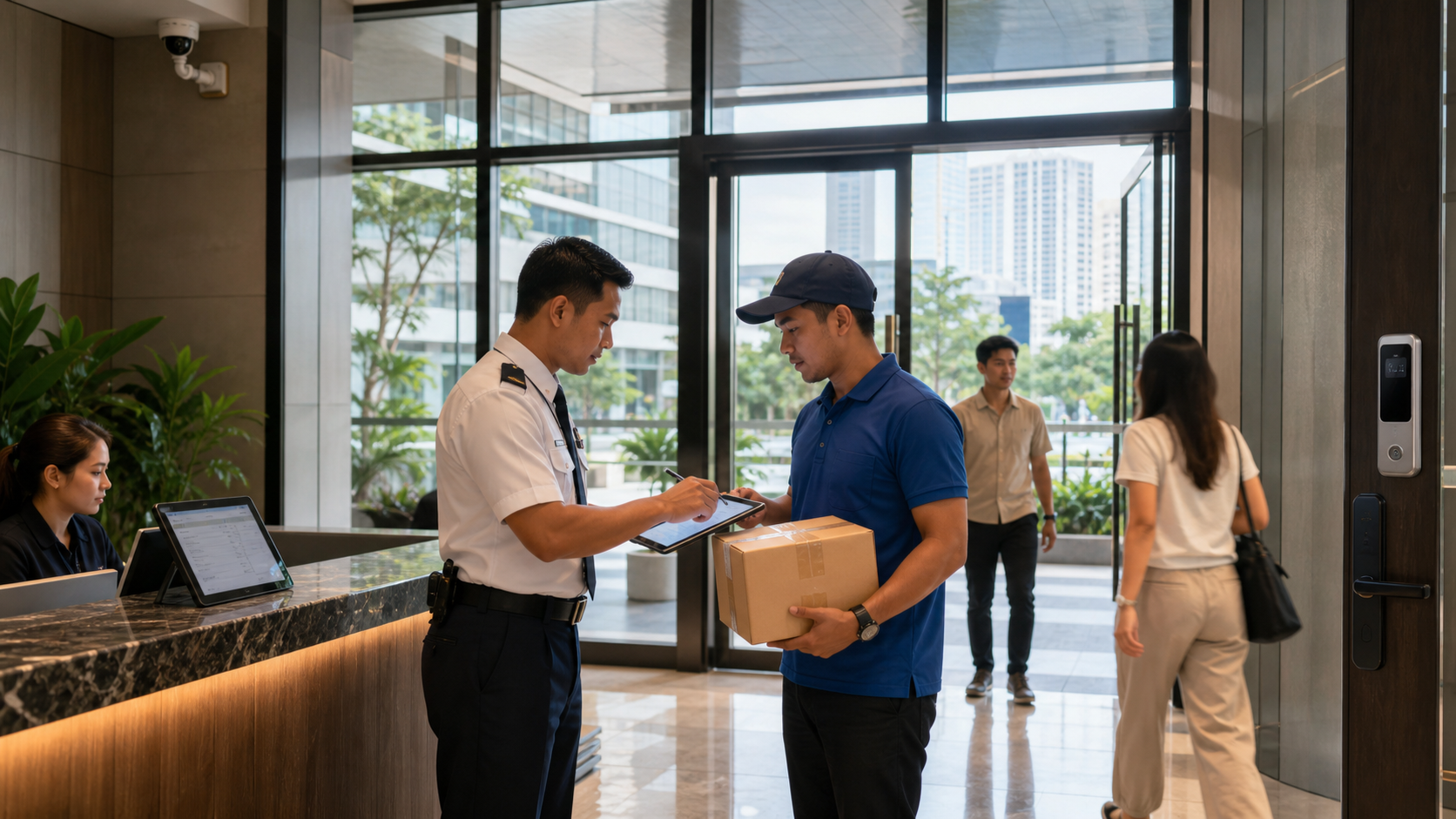 Philippine condo lobby security guard verifying a delivery with CCTV and smart access control