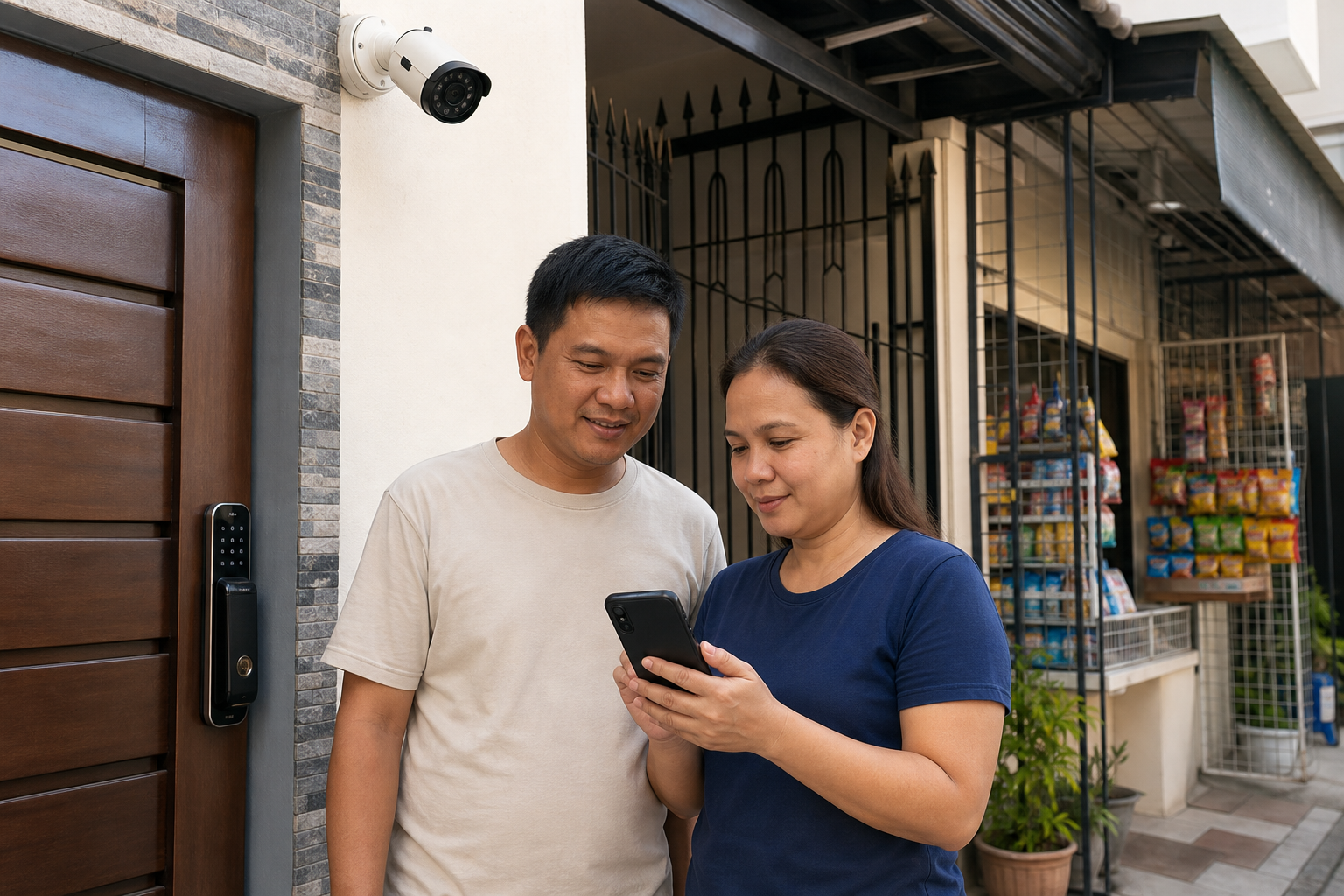 Filipino homeowners checking a mobile security alert beside CCTV and a smart door lock