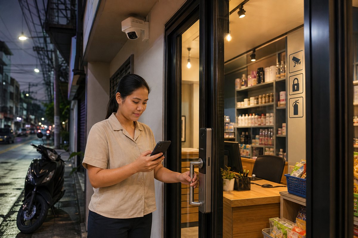 Filipino small business owner checking a phone near a smart door lock and CCTV camera at a Metro Manila retail shop entrance.